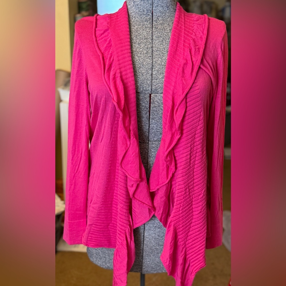 Lafayette 148 Hot Pink Lightweight Merino Wool Open Waterfall Cardigan NWT Sz M